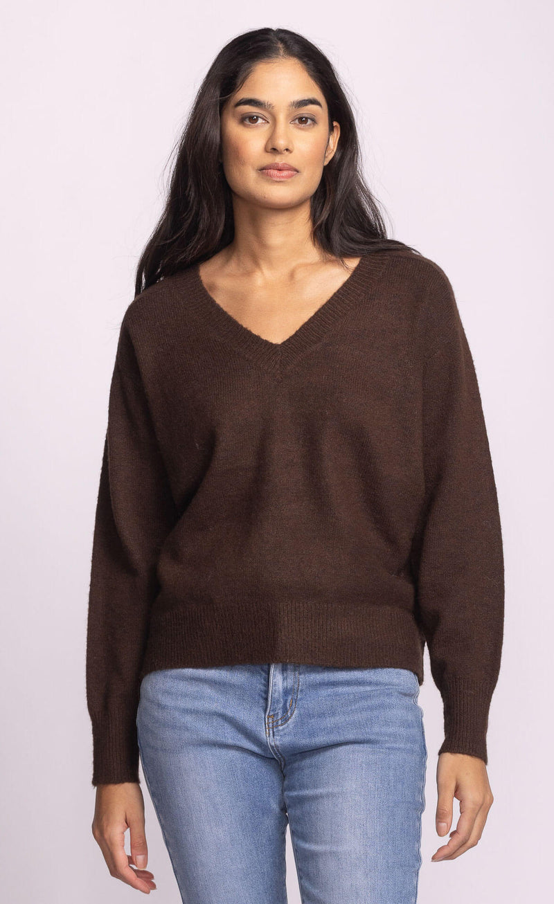 Front view of the Pink Martini Jacon Sweater in chocolate brown, soft knit v-neck.
