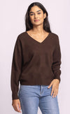Jacon Sweater by Pink Martini in chocolate brown, relaxed v-neck fit styled with denim.