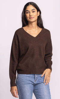 Jacon Sweater by Pink Martini in chocolate brown, relaxed v-neck fit styled with denim.