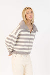 Side view of Lyla & Luxe James Sweater with wide collar and zip front