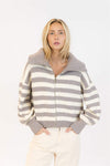Lyla & Luxe James Sweater in grey marl and off-white stripes, front view