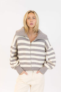 Lyla & Luxe James Sweater in grey marl and off-white stripes, front view