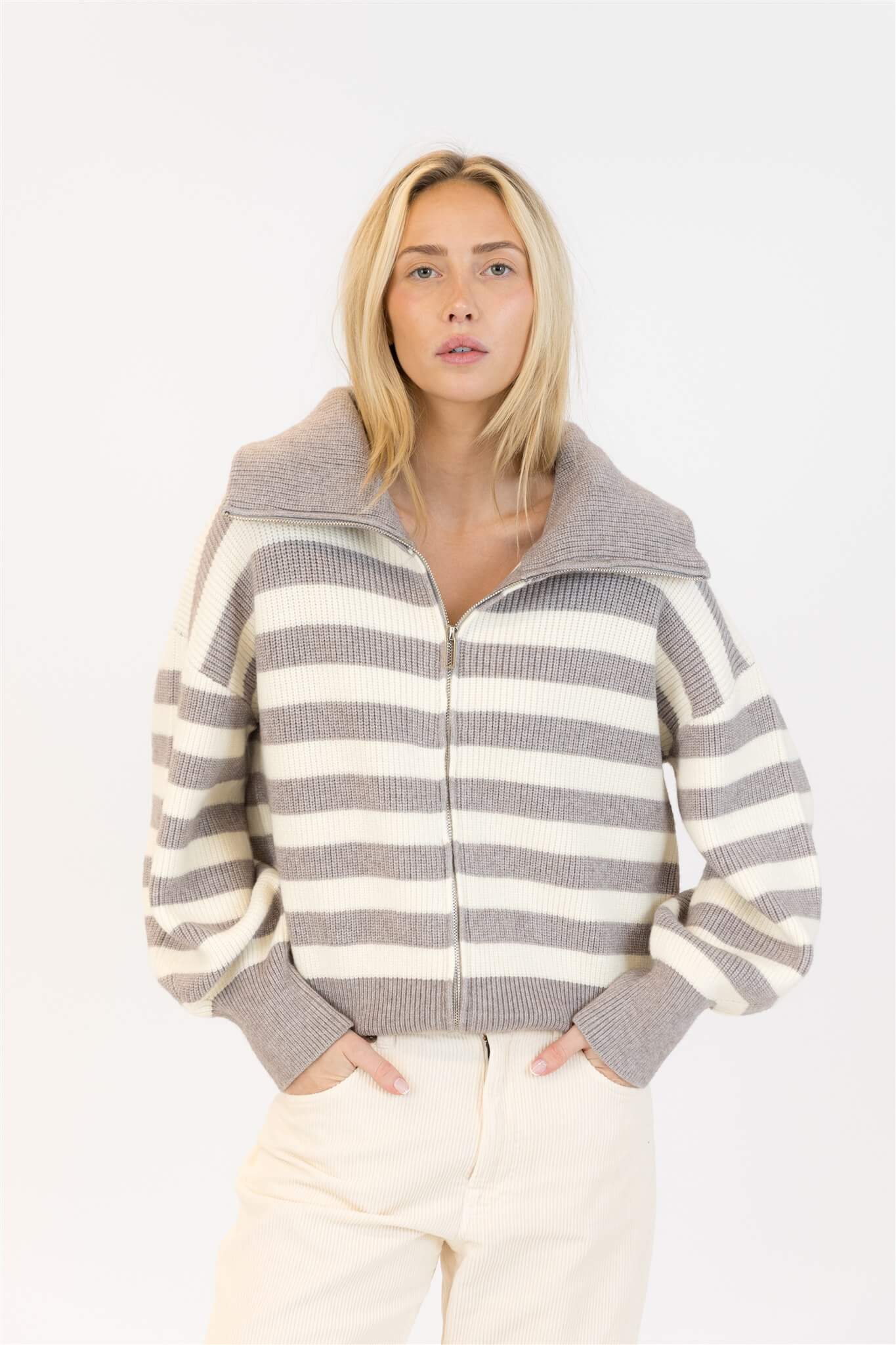 Lyla & Luxe James Sweater in grey marl and off-white stripes, front view