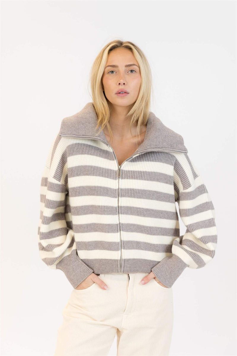 Lyla & Luxe James Sweater in grey marl and off-white stripes, front view
