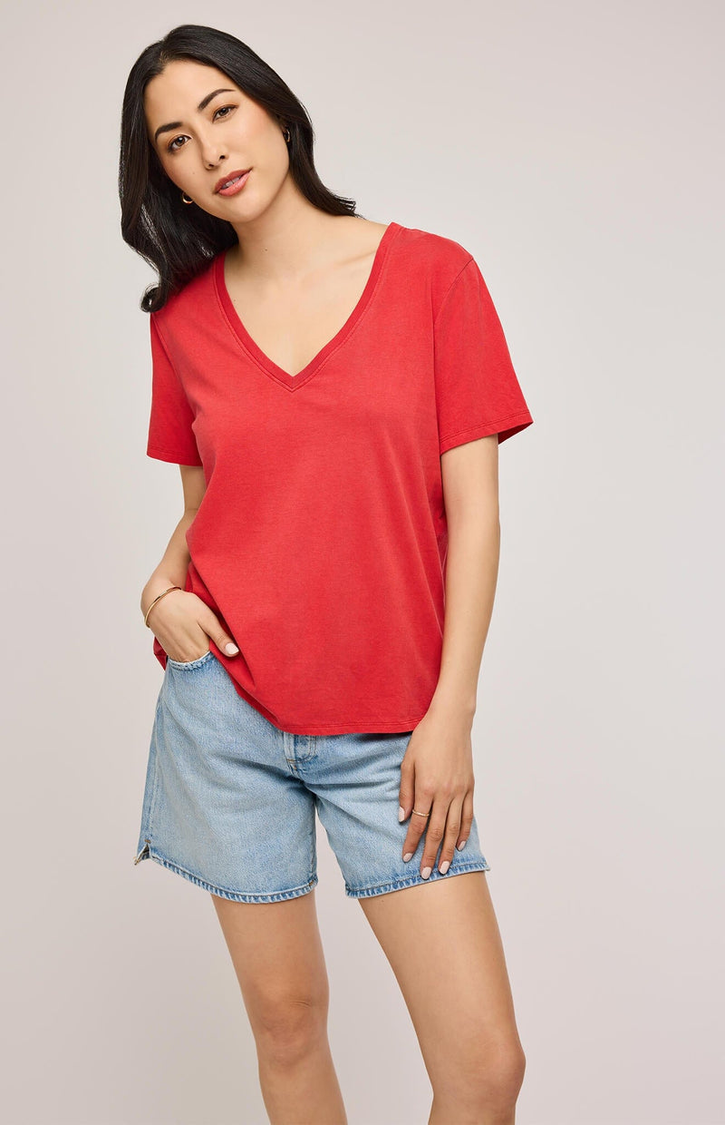 Closeup of Jennifer Tee by Gentle Fawn, highlighting V-neck and cotton texture