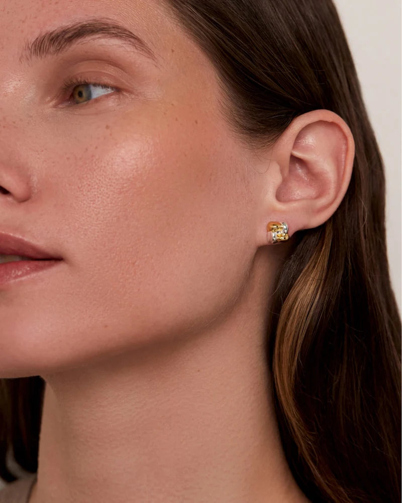 Jenny Bird Mini Woven Square Earrings two-tone close angled front view Lemonberry Aurora