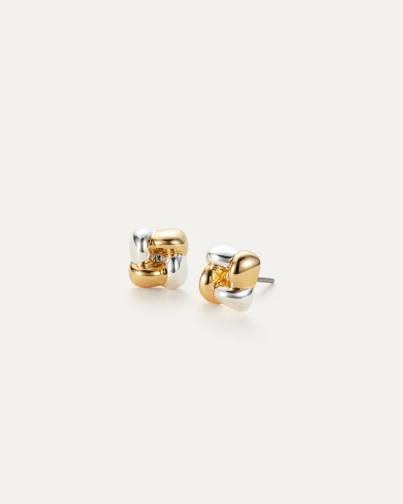 Jenny Bird Mini Woven Square Earrings two-tone flat lay view Lemonberry Aurora