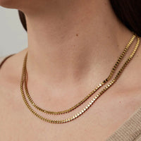 Jenny Bird Double Amalfi high-polish gold necklace front view on model Lemonberry Aurora