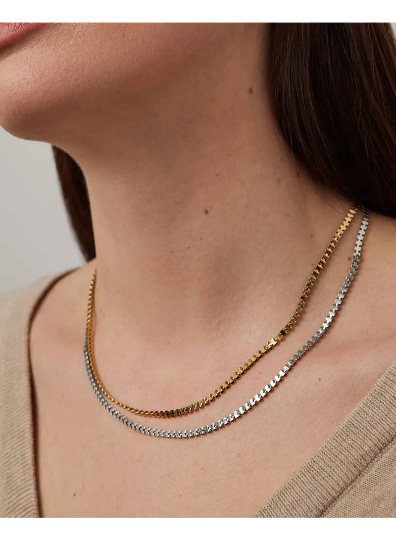 Jenny Bird Double Amalfi two-tone necklace front view on model Lemonberry Aurora