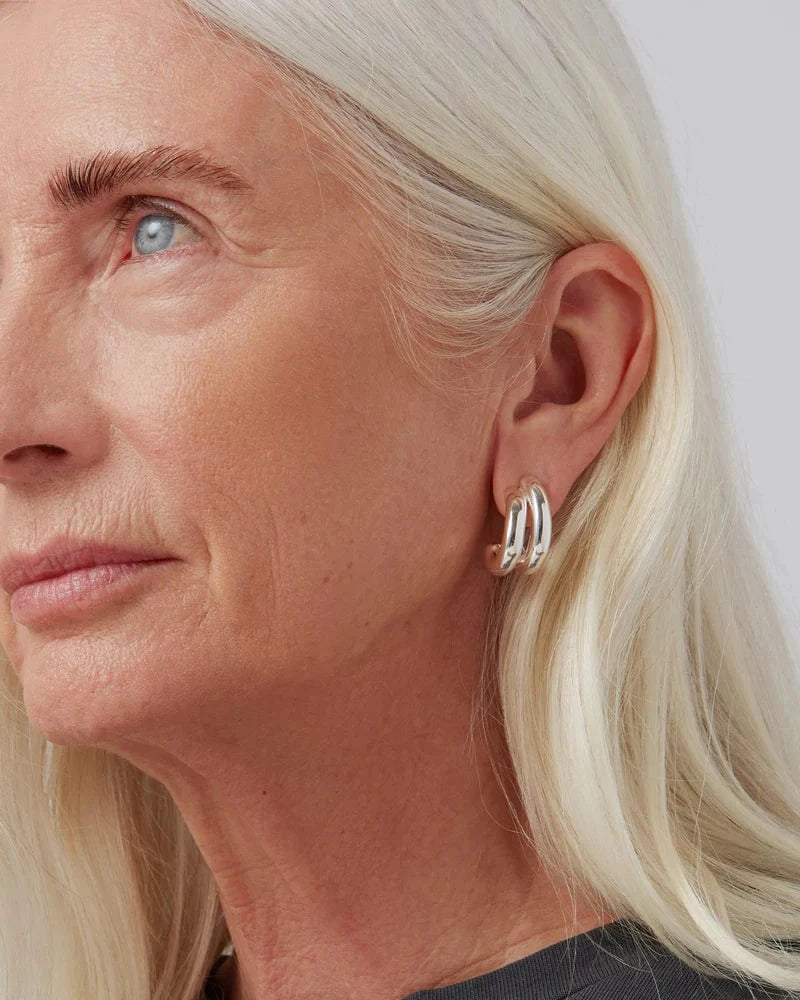 Jenny Bird Florence Earrings in silver — worn on model, soft lighting, Lemonberry Aurora.