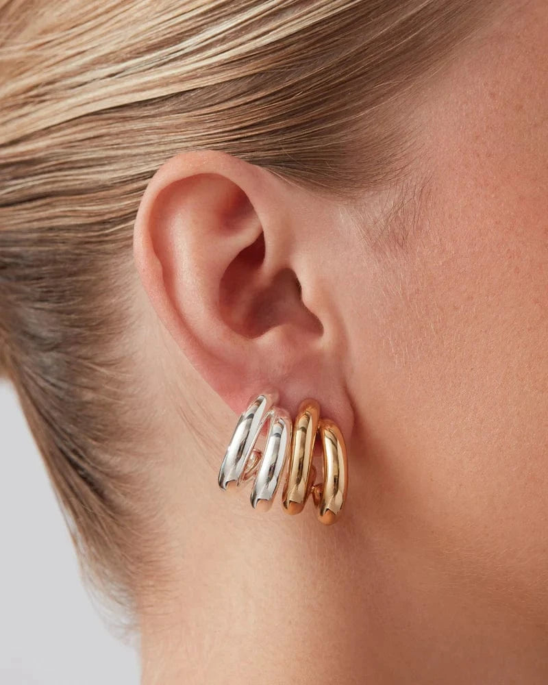 Jenny Bird Florence Earrings — gold and silver mixed on model, Lemonberry Aurora.