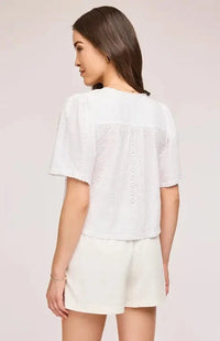 Back view of Gentle Fawn Jessa Top in White Eyelet showing lightweight embroidered fabric