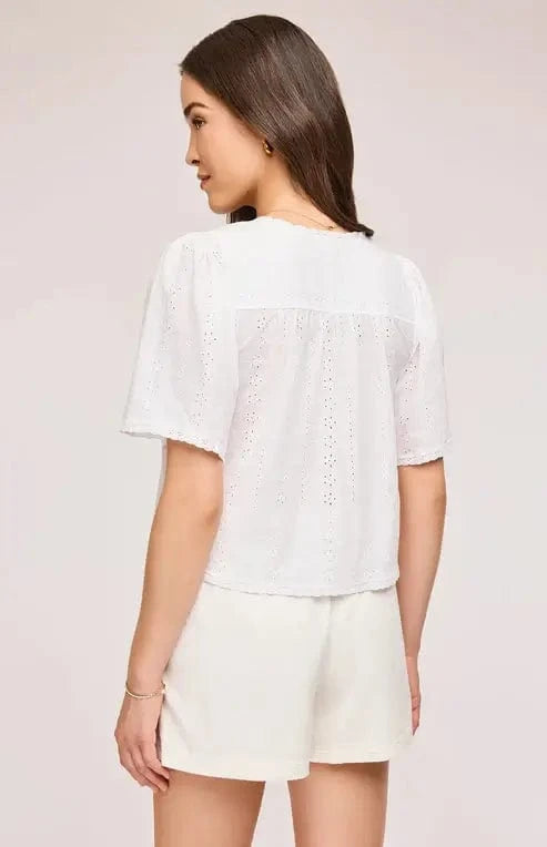 Back view of Gentle Fawn Jessa Top in White Eyelet showing lightweight embroidered fabric