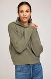 Close-up of Gentle Fawn Jessica sweater in moss green with hood detail – Lemonberry Aurora