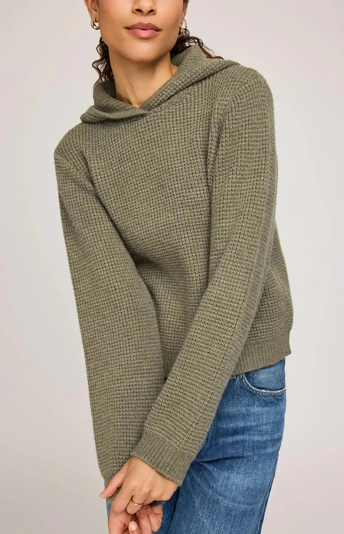 Gentle Fawn Jessica sweater in moss green, waffle-knit hoodie, styled with jeans – Newmarket boutique