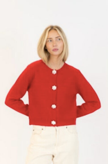 Lyla & Luxe Jude Daisy Cardigan in bold red with daisy buttons, front view, available at Lemonberry