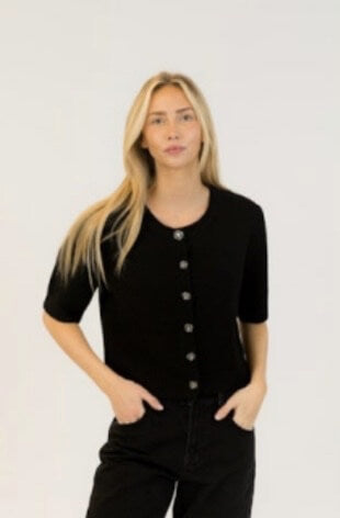 Lyla & Luxe Jude Rose black short sleeve cardigan with rose buttons, front view, available at Lemonberry