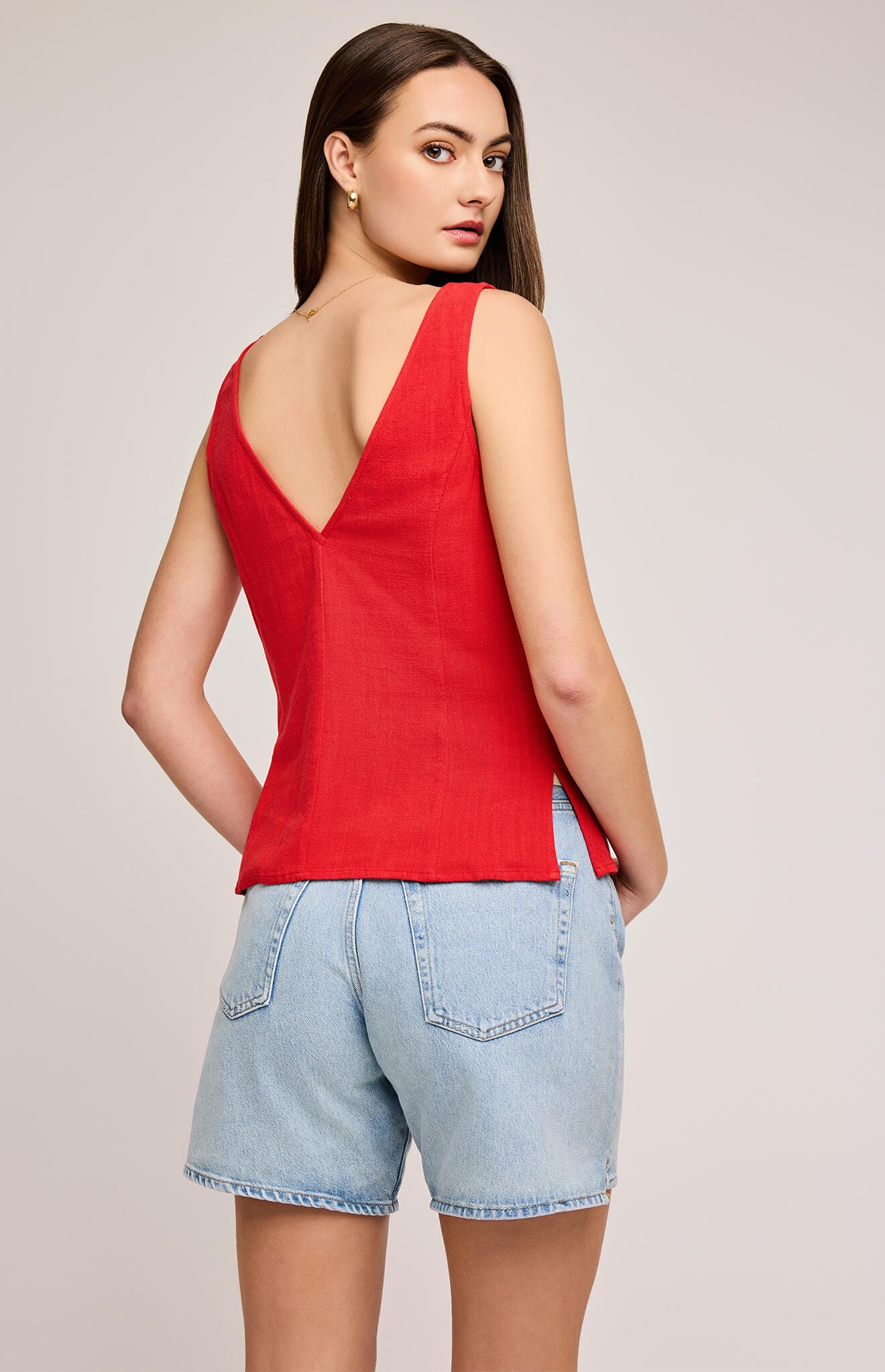 Back view of Jules Tank by Gentle Fawn in red linen-blend fabric