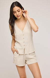Jules Tank by Gentle Fawn in linen blend, front view styled with shorts