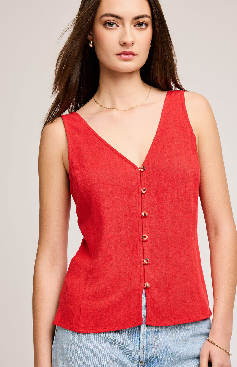 ules Tank by Gentle Fawn in red, front view sleeveless button-down