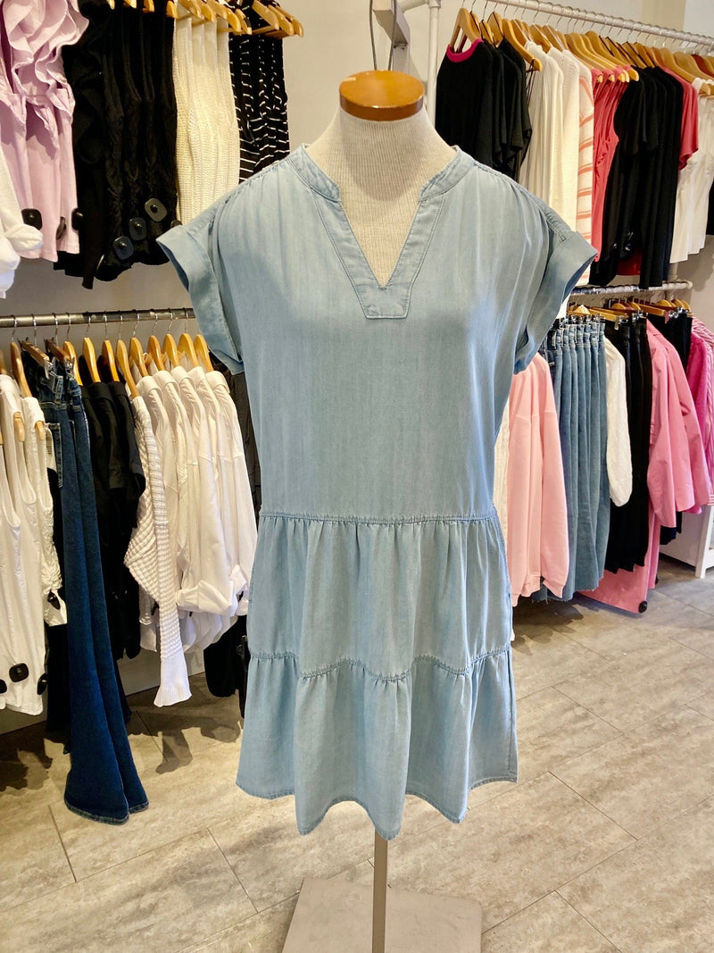 Close-up front detail of the Juliet Dress by Melissa Nepton in lightweight denim look

