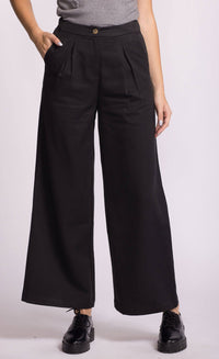 Close-up of waistband and pleats on Pink Martini Juna Pant, black wide leg trouser.