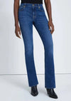 Close-up view of the front of Kimmie Bootcut B(Air) jeans in Duchess wash, showing the button closure, zip fly, and premium stretch denim.