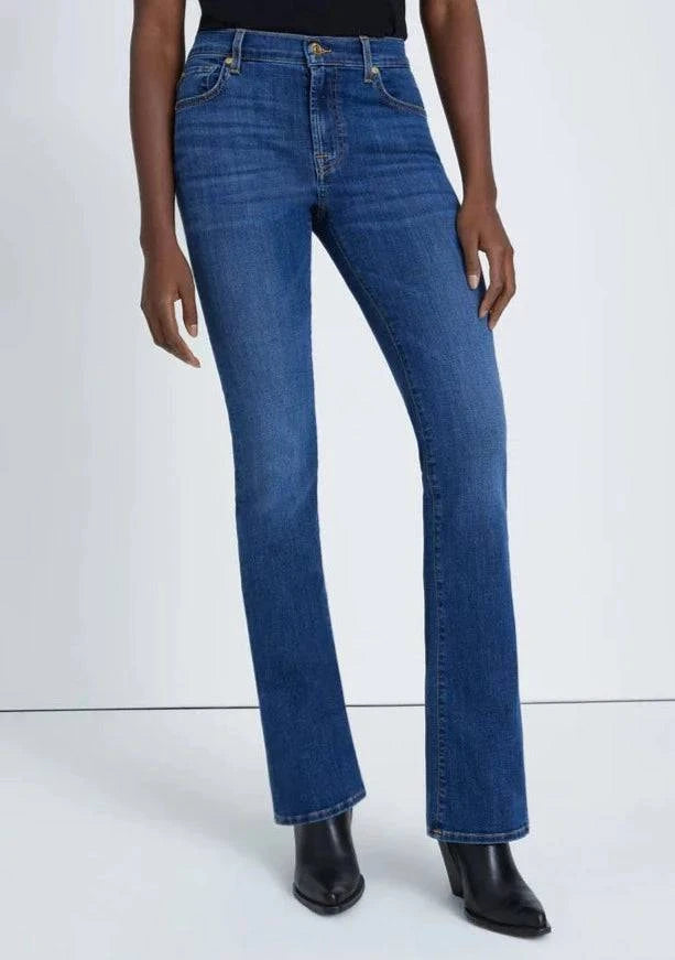Close-up view of the front of Kimmie Bootcut B(Air) jeans in Duchess wash, showing the button closure, zip fly, and premium stretch denim.