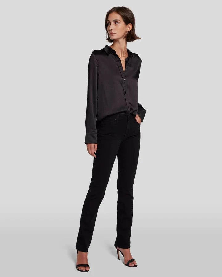 Alternate full front view of Kimmie Straight B(Air) jeans, showing the soft, stretchy black denim and classic five-pocket design.