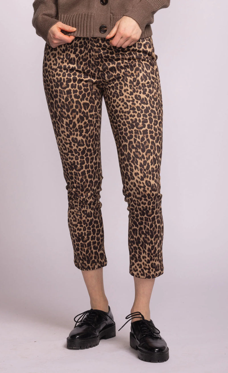 Pink Martini Kitty Pants in leopard print, ankle-length slim cut – available at Lemonberry Aurora