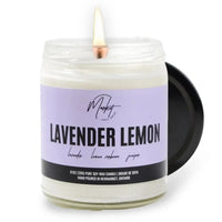 Lavender Lemon Candle by Market Candle Company, close up picture, lit up.