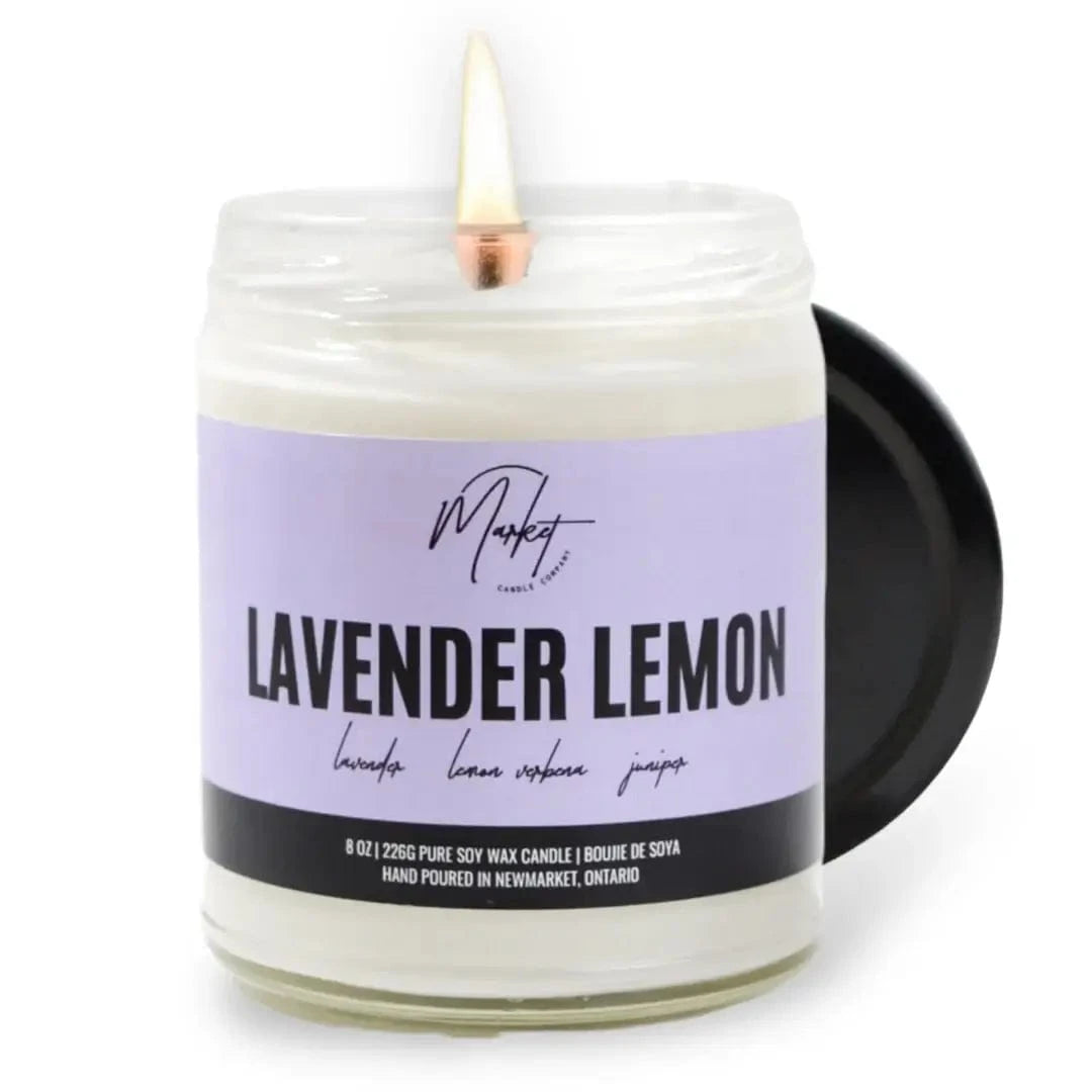 Lavender Lemon Candle by Market Candle Company, close up picture, lit up.