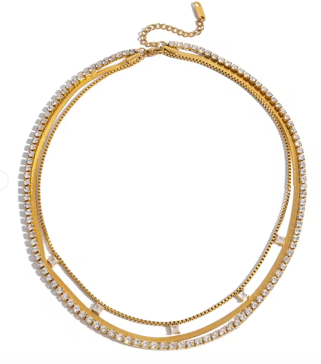 Layered triple chain gold necklace, Hoopla, flat view — Lemonberry Aurora