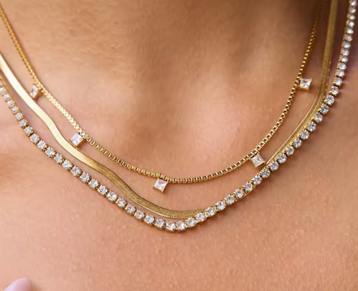 Gold triple chain necklace worn on model, Hoopla, worn view — Lemonberry Aurora