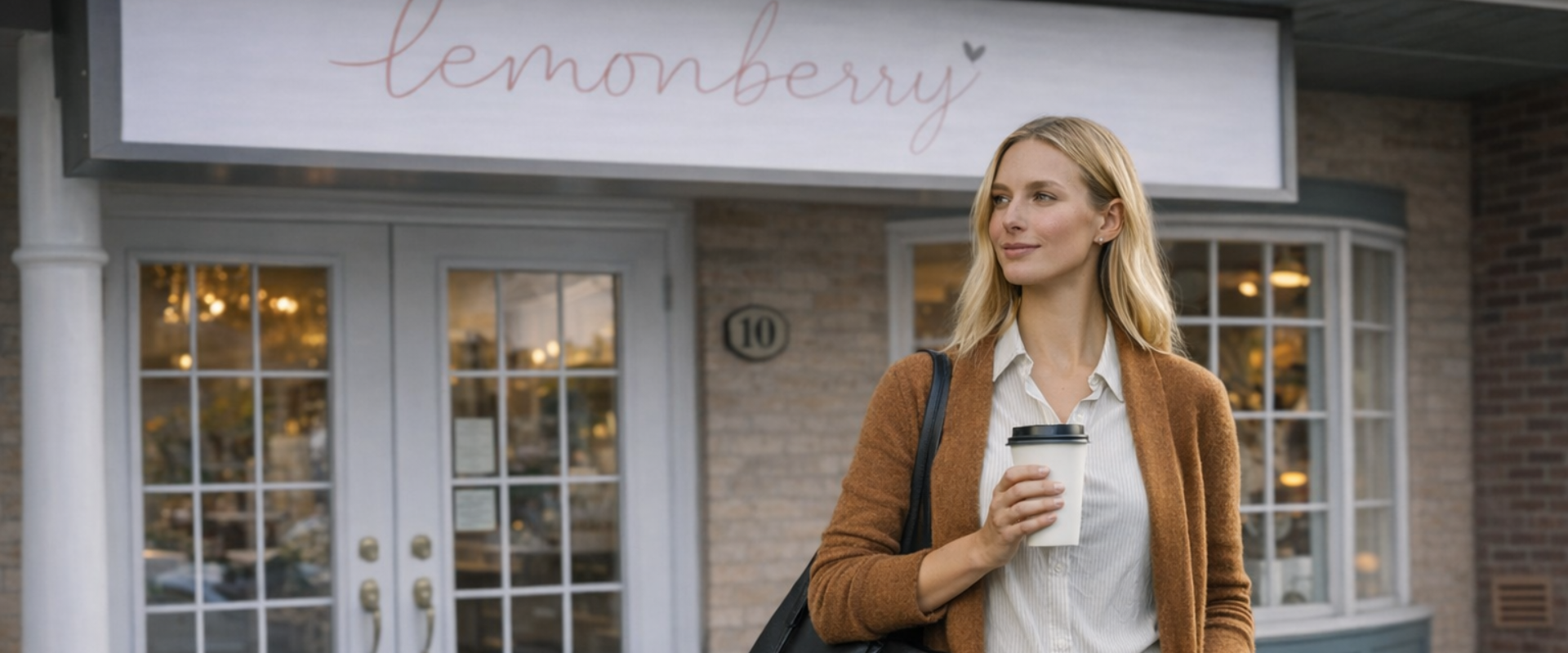 Woman wearing neutral everyday outfit holding coffee outside Lemonberry boutique Aurora Ontario