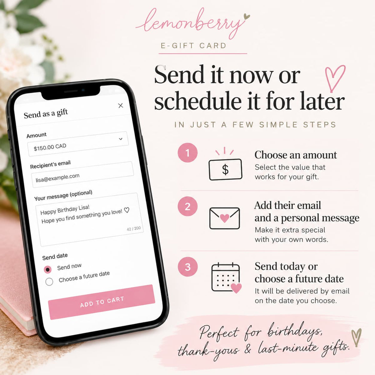 How to send a Lemonberry E-Gift Card now or schedule email delivery for later