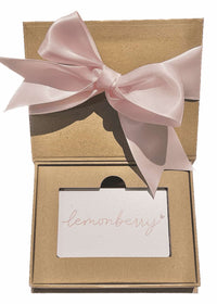 kraft gift card box with magnetic closure holding Lemonberry gift card — Lemonberry Aurora open view