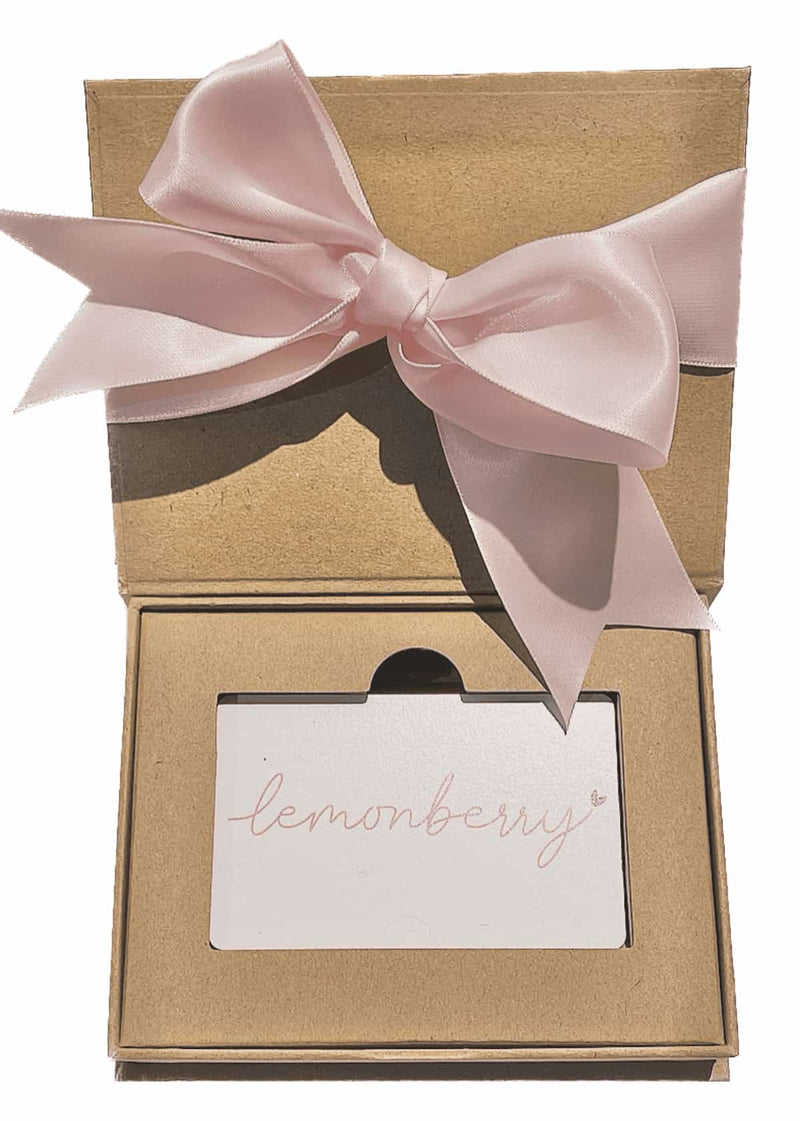 kraft gift card box with magnetic closure holding Lemonberry gift card — Lemonberry Aurora open view