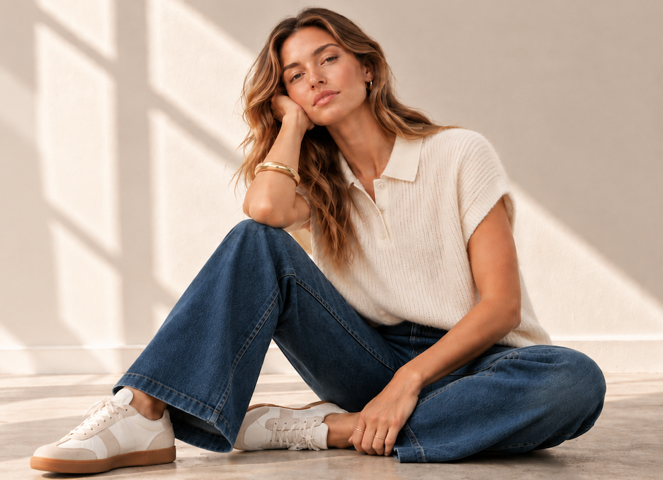 Woman in cream knit top and blue jeans seated in sunlit studio