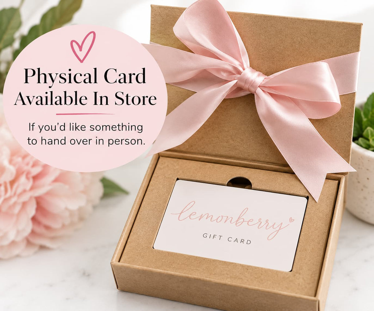 Physical Lemonberry Gift Card in gift box with pink ribbon available in store