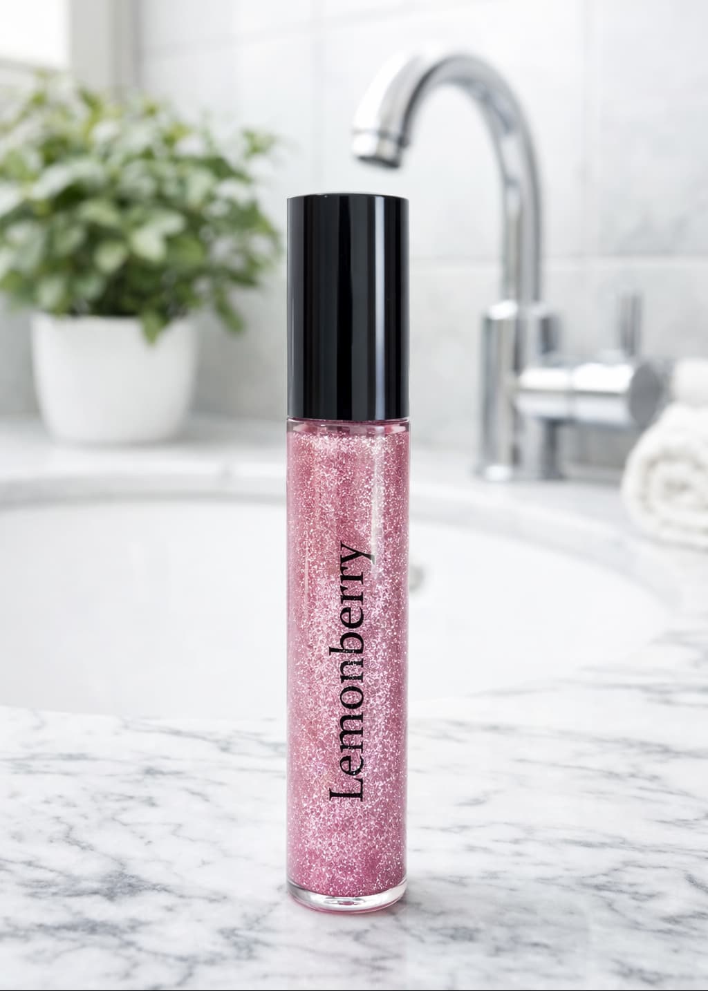 Lemonberry Signature Glitter Lip Gloss in Pink Rocks styled on a bathroom counter, Lemonberry Aurora