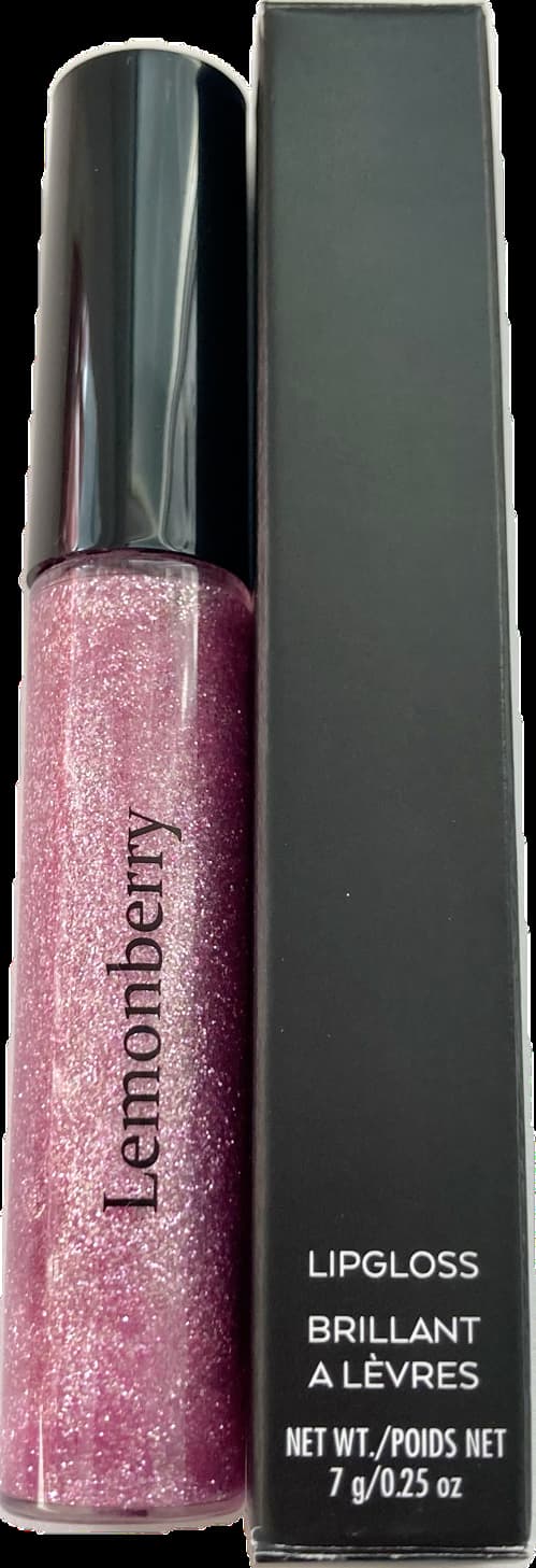 Lemonberry Signature Glitter Lip Gloss Pink Rocks shown with box packaging, Lemonberry Aurora