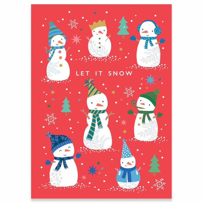 red holiday card with playful illustrated snowmen and let it snow text — Lemonberry Aurora stationery