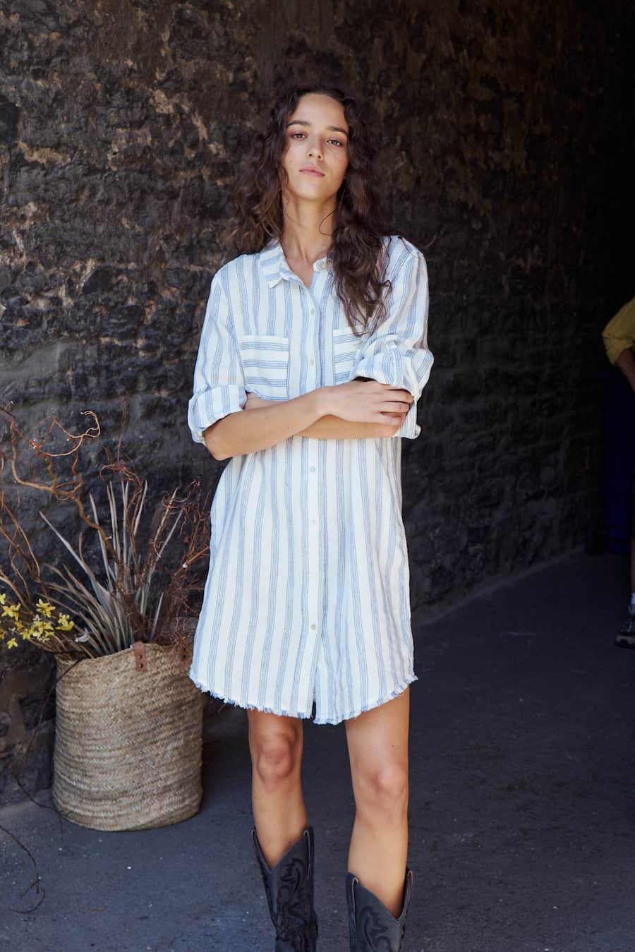 Striped linen shirt dress with button front and frayed hem, Melissa Nepton, front view — Lemonberry Aurora