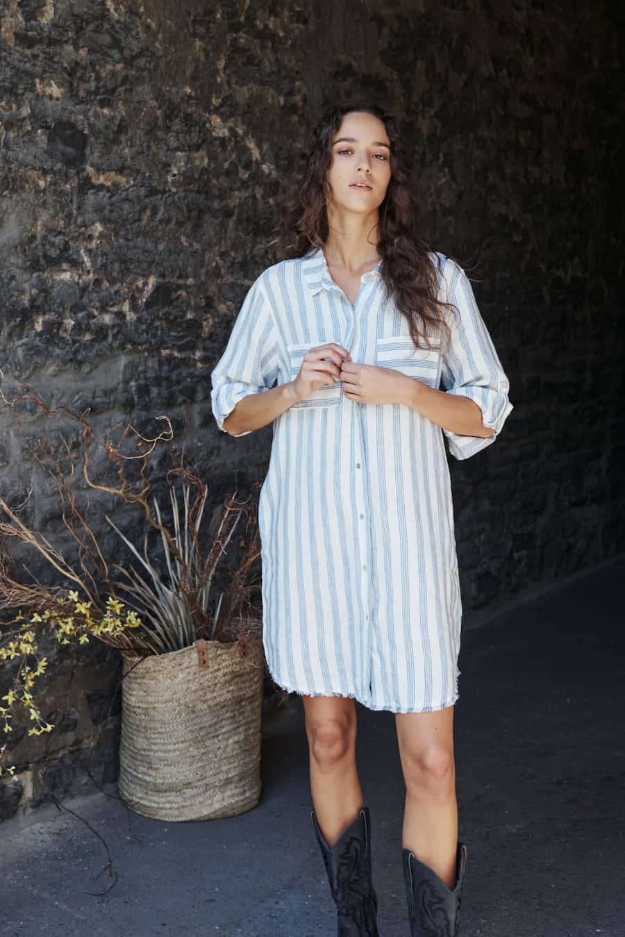 Women’s striped linen shirt dress with chest pockets, Melissa Nepton, model view — Lemonberry Aurora