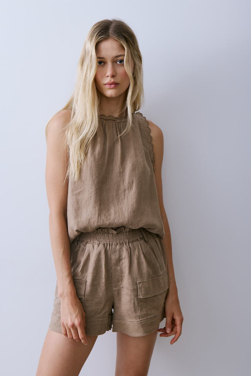 Linen summer tank with scalloped crochet neckline detail, Melissa Nepton, model view — Lemonberry Aurora