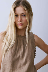 Sleeveless linen tank top in khaki with scalloped neckline trim, Melissa Nepton, front view — Lemonberry Aurora
