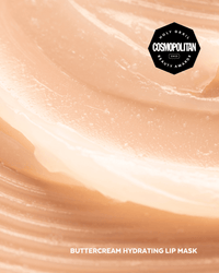 Close-up of Three Ships Buttercream Lip Mask with Cosmopolitan beauty award badge.