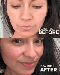 Before and after using Three Ships Lip Treatment – shown on model with visibly smoother lips.