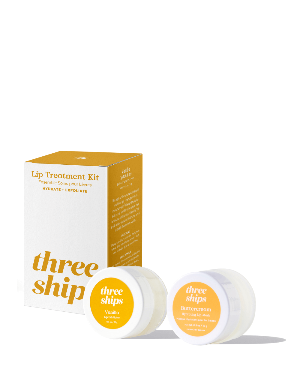 Three Ships Lip Treatment Kit with packaging shown – Vanilla and Buttercream duo photographed for Lemonberry.
